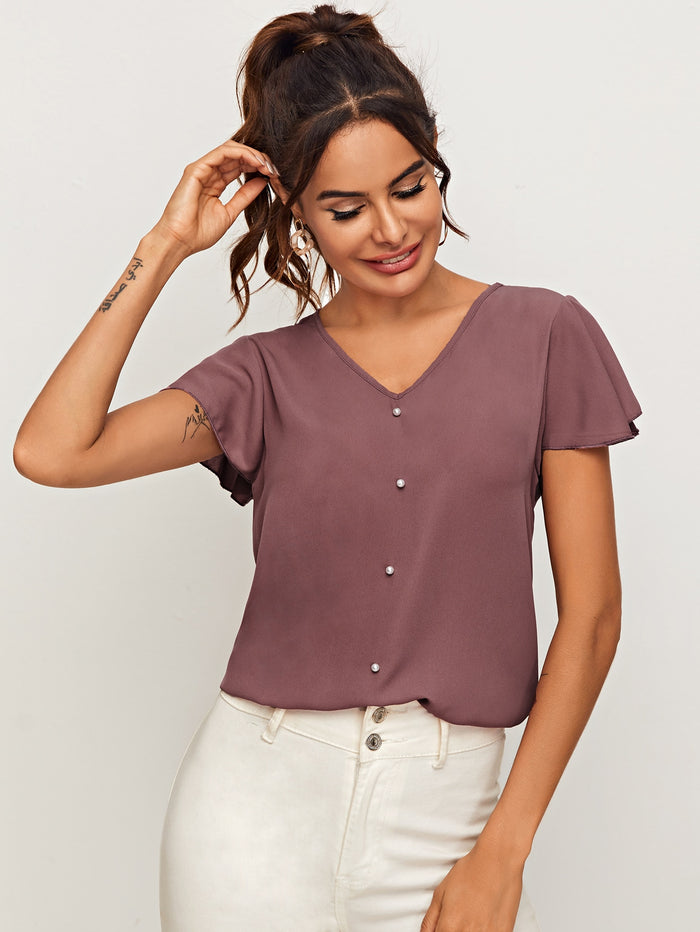 Flutter Sleeve Pearl Beaded Blouse Redwood