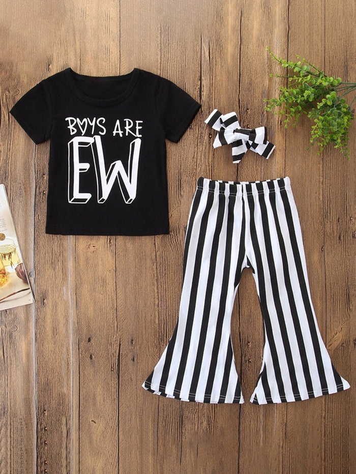 Toddler Girls Slogan Graphic Tee & Striped Flare Leg Pants & Headband