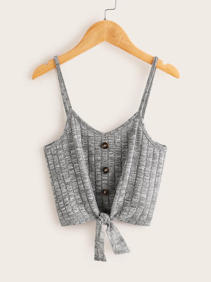 Girls Button & Knot Front Ribbed Cami Top Grey