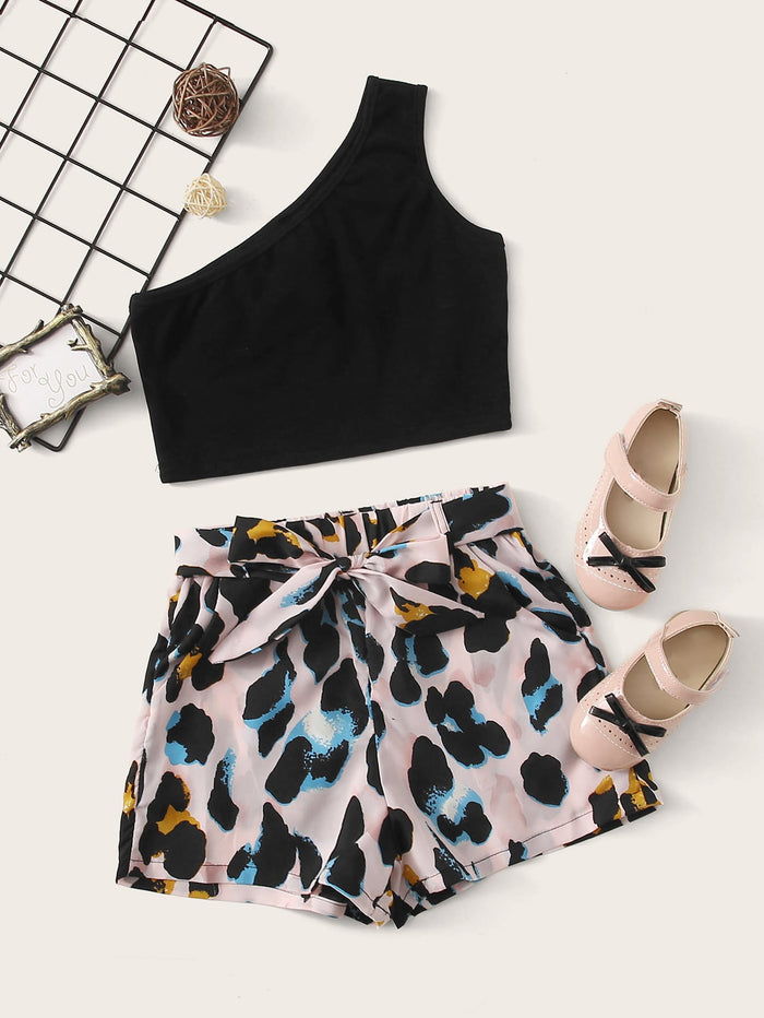 Girls One Shoulder Top & Belted Allover Print Shorts Set