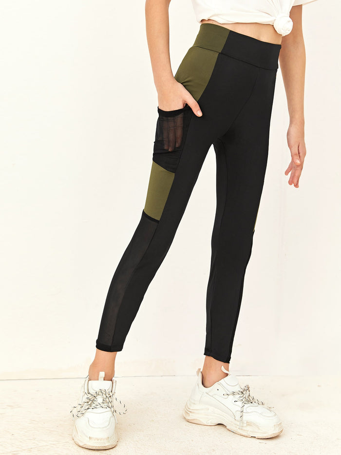 Girls Wide Waistband Contrast Panel Mesh Pocket Side Leggings