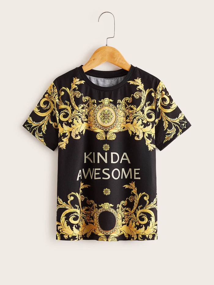 Boys Slogan and Baroque Print Top