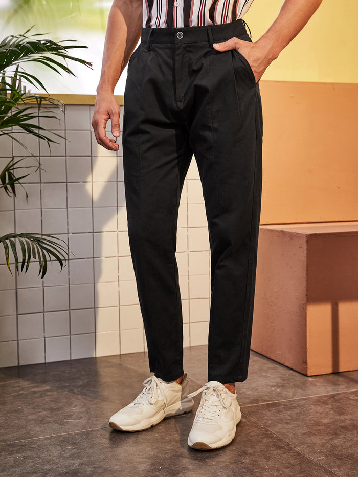 Men Solid Button Front Tapered Pants