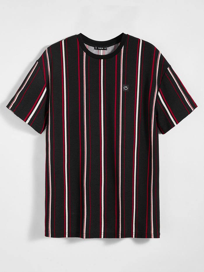 Men Cartoon Patched Striped Tee Black