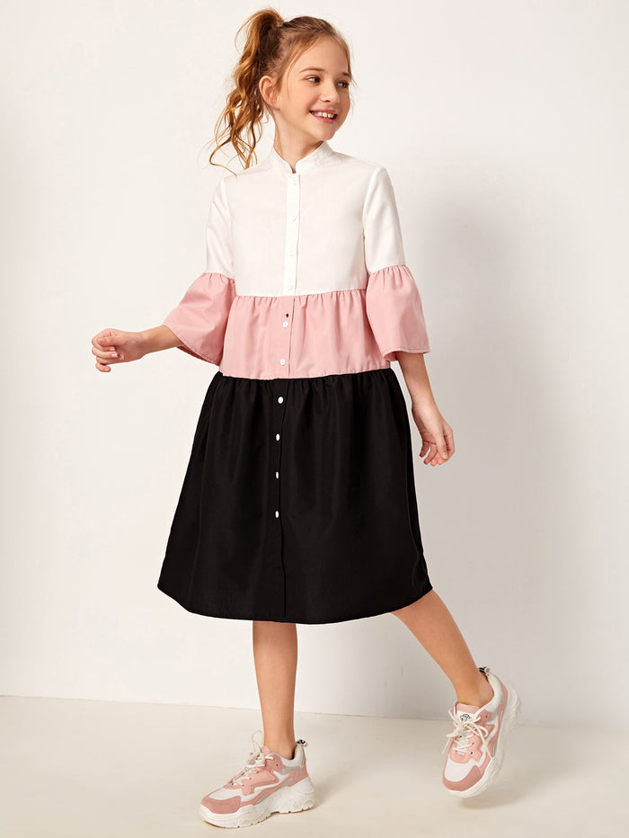 Girls Flounce Sleeve Button Front Colorblock Dress