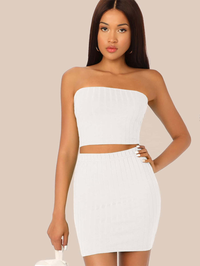 Solid Rib-knit Tube Top and Bodycon Skirt Set