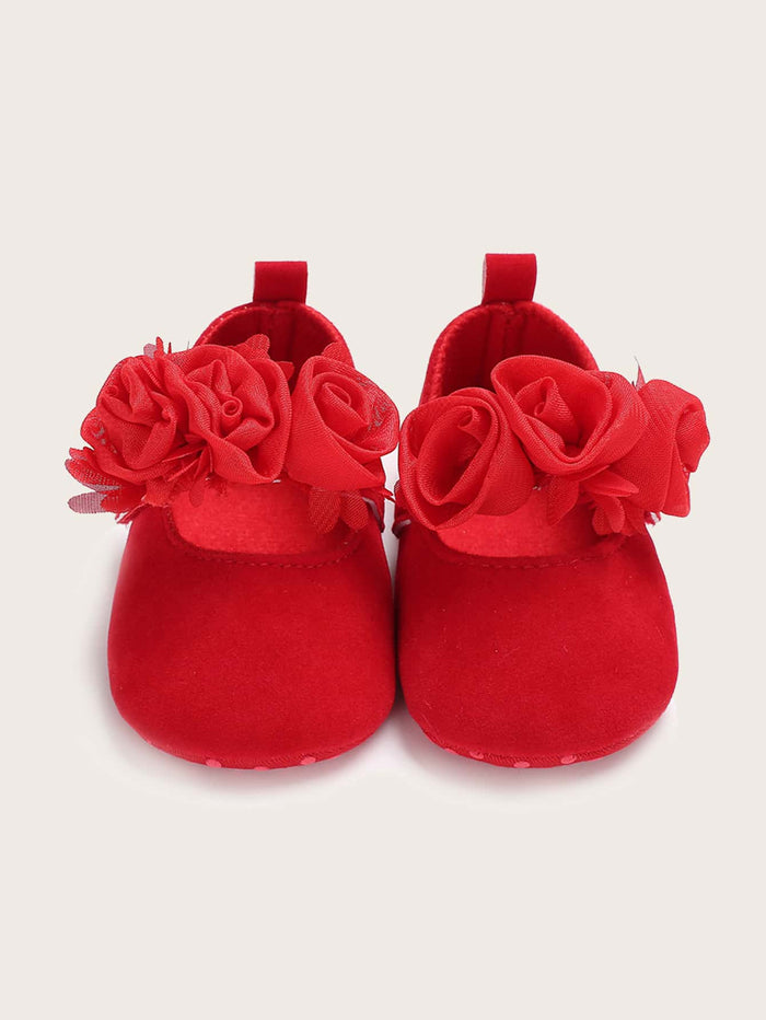 Baby Girl Flower Decor Velcro Strap Flats Red