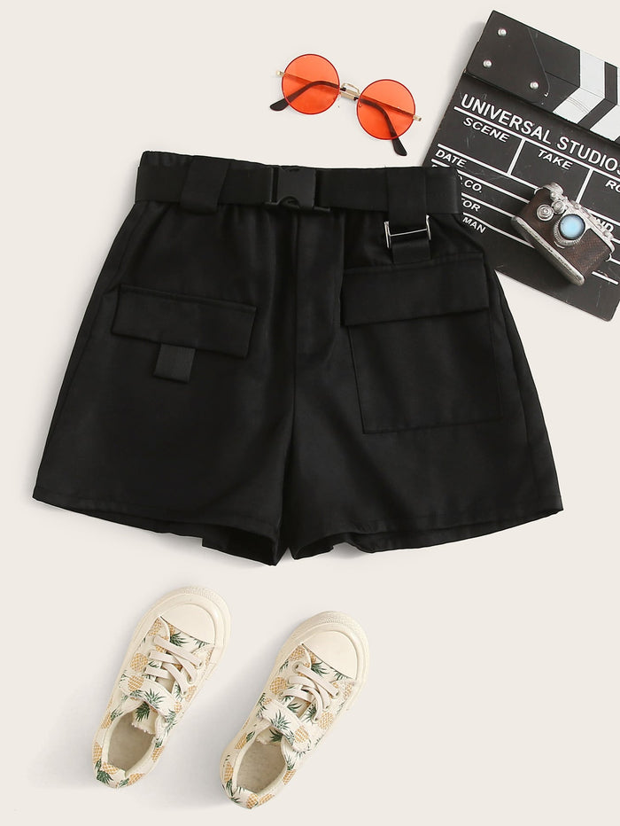 Girls Flap Pocket Shorts With Buckle Belt Black