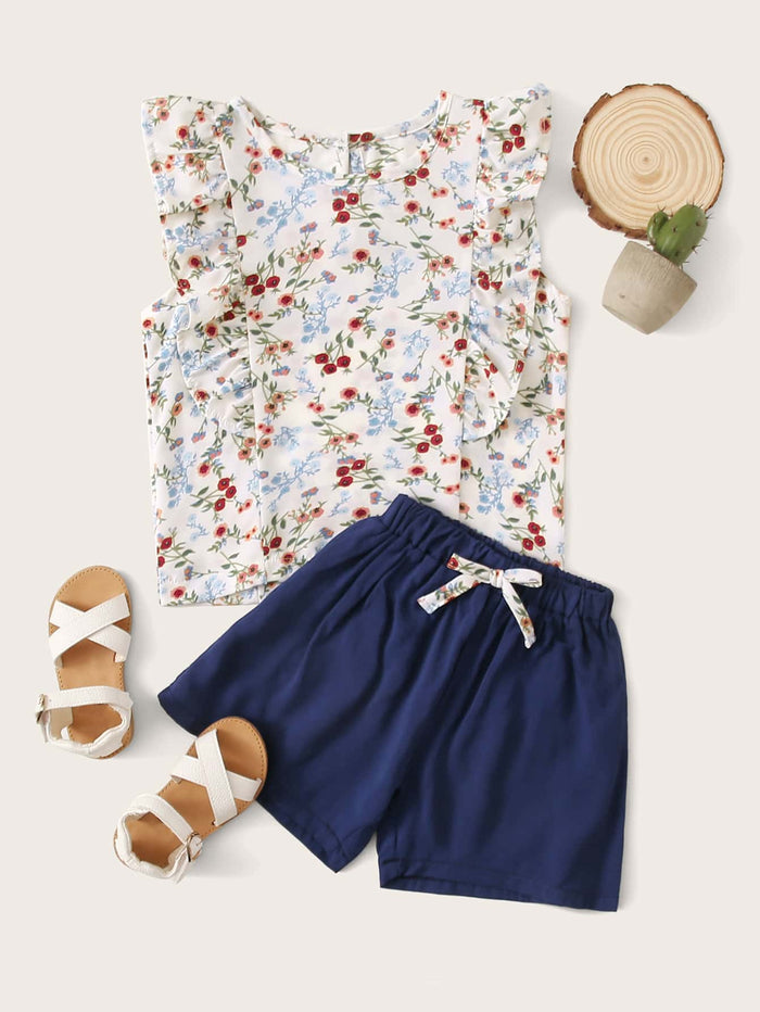Floral & Plants Print Ruffle Trim Top With Bow Shorts Multicolor