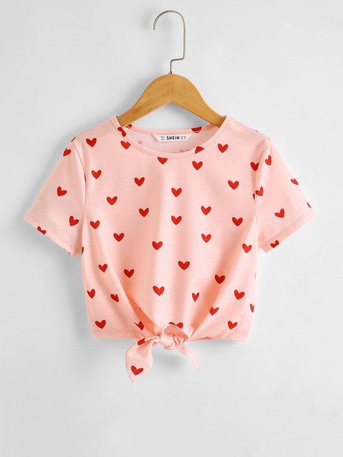Girls Heart Print Knot Hem Tee Pink