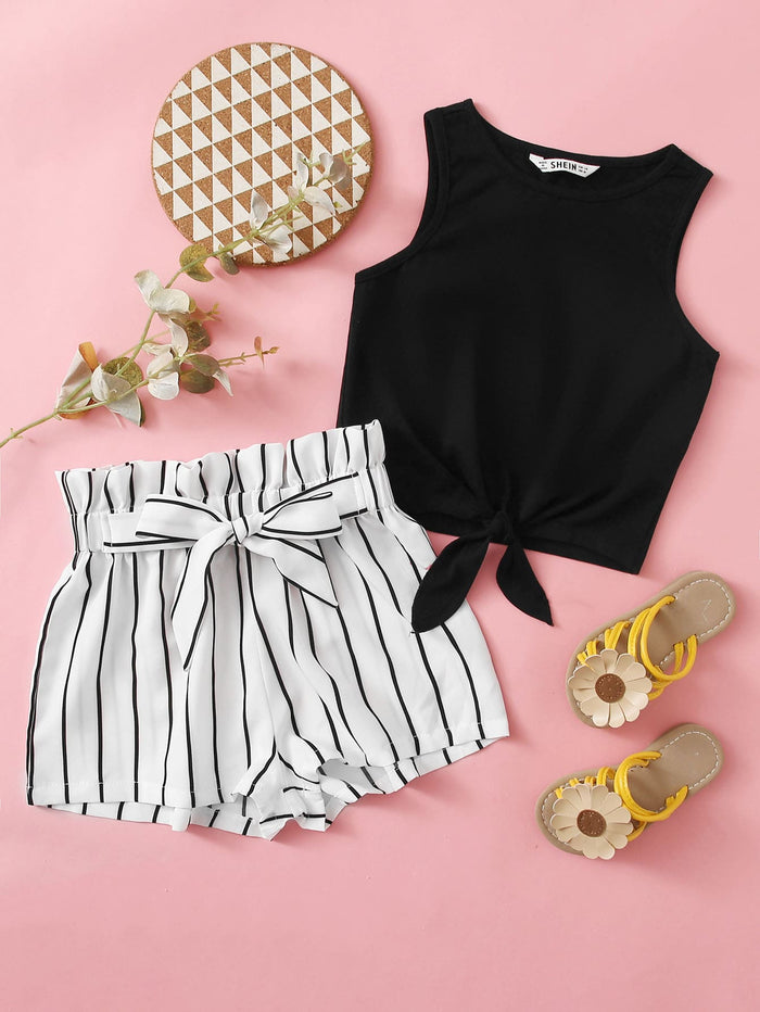 Girls Tie Hem Tank Top & Paperbag Waist Knot Detail Striped Shorts Set Black and White