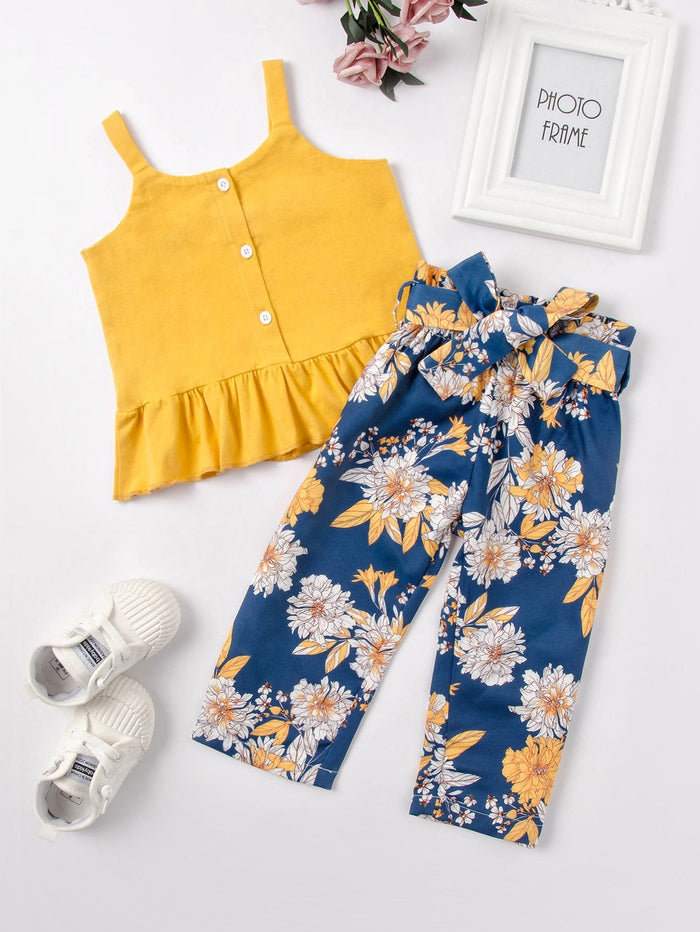 Toddler Girls Ruffle Hem Cami Top & Floral Belted Pants