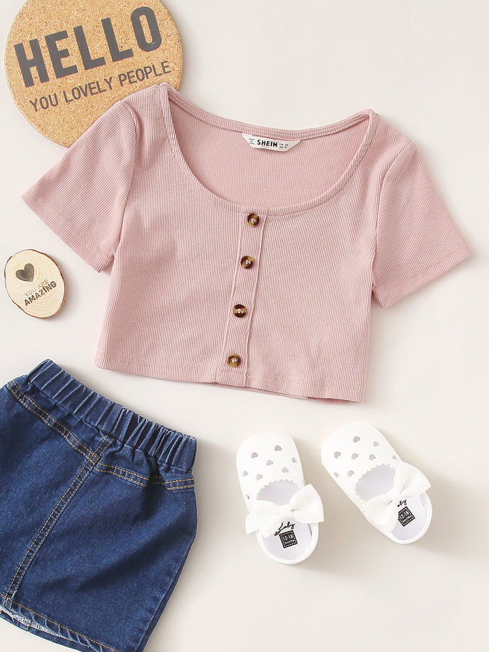 Girls Button Front Rib-knit Crop Top Pink