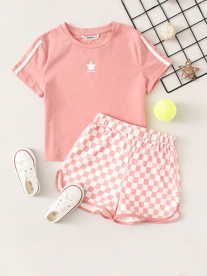 Girls Striped Side Tee & Checkered Shorts Set