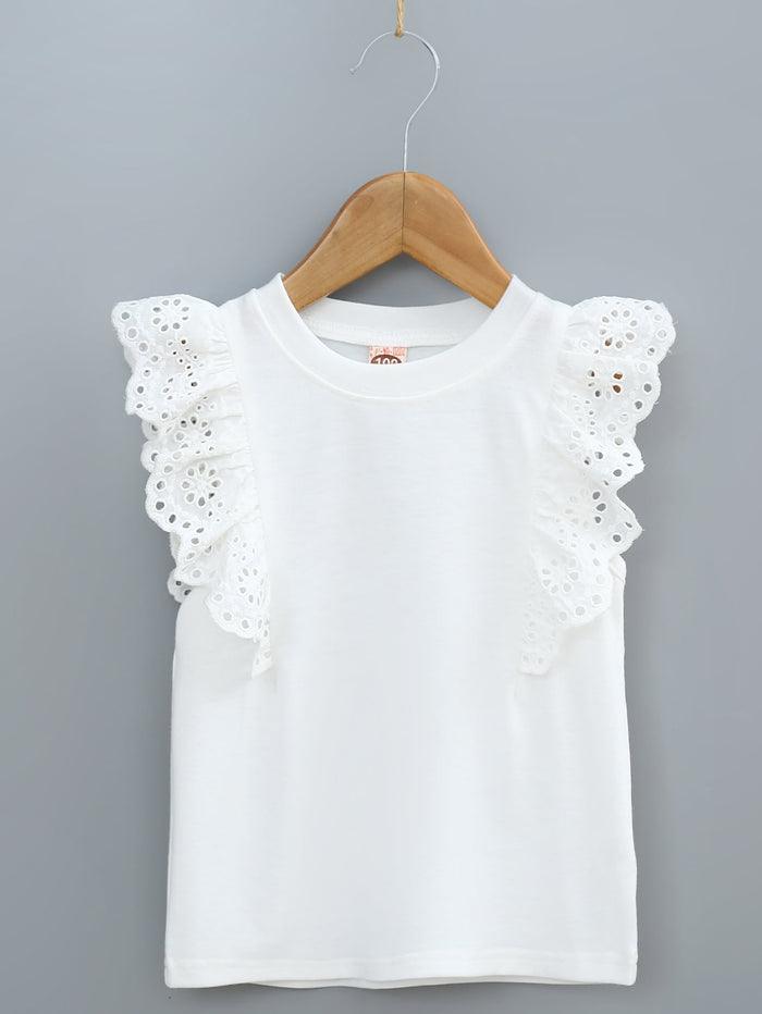 Toddler Girls Contrast Eyelet Embroidery Ruffle Tee