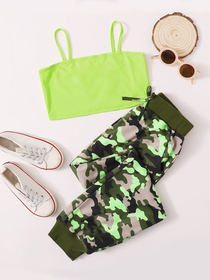 Girls Neon Lime Crop Cami Top and Tied Camo Joggers Set