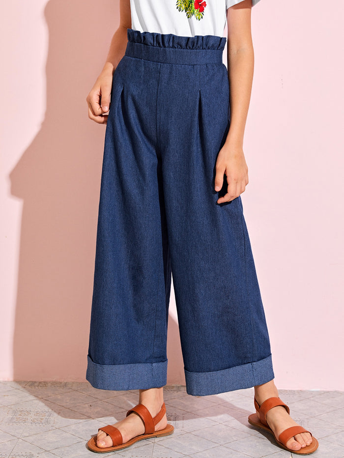 Girls Paperbag Waist Cuffed Wide Leg Pants