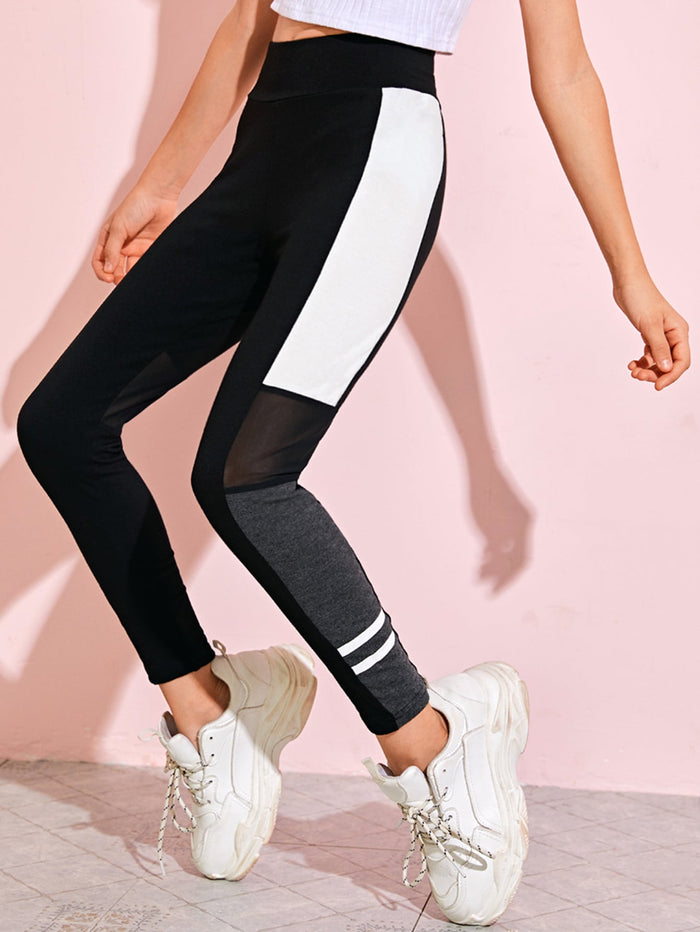 Girls Mesh Insert Striped Side Leggings