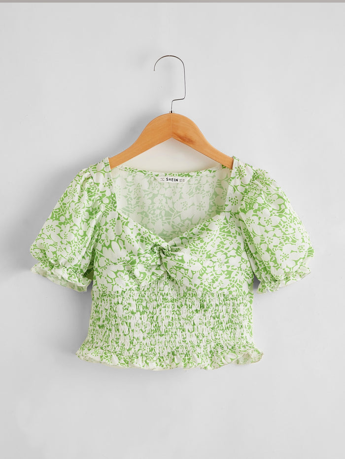 Girls Sweetheart Neck Twist Front Shirred Panel Frill Trim Floral Top Mint Green