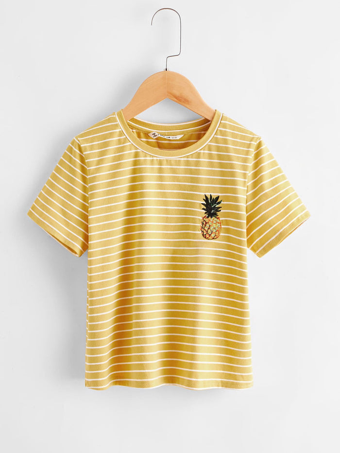 Girls Embroidery Pineapple Striped Tee