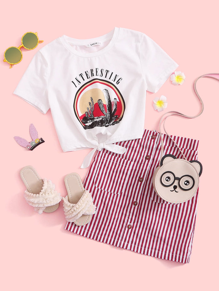 Girls Letter Graphic Top & Patch Pocket Striped Skirt Set
