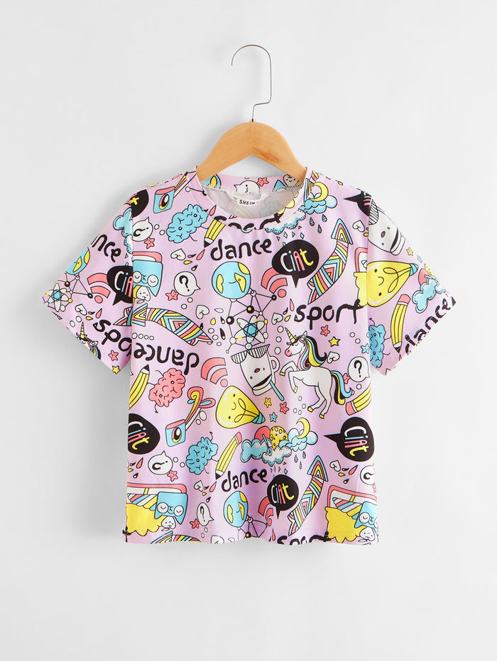 Girls Letter and Cartoon Graphic Top