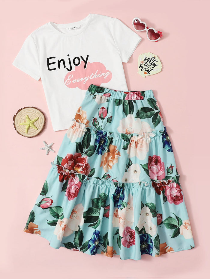 Girls Graphic Tee & Floral Print Ruffled Skirt Set