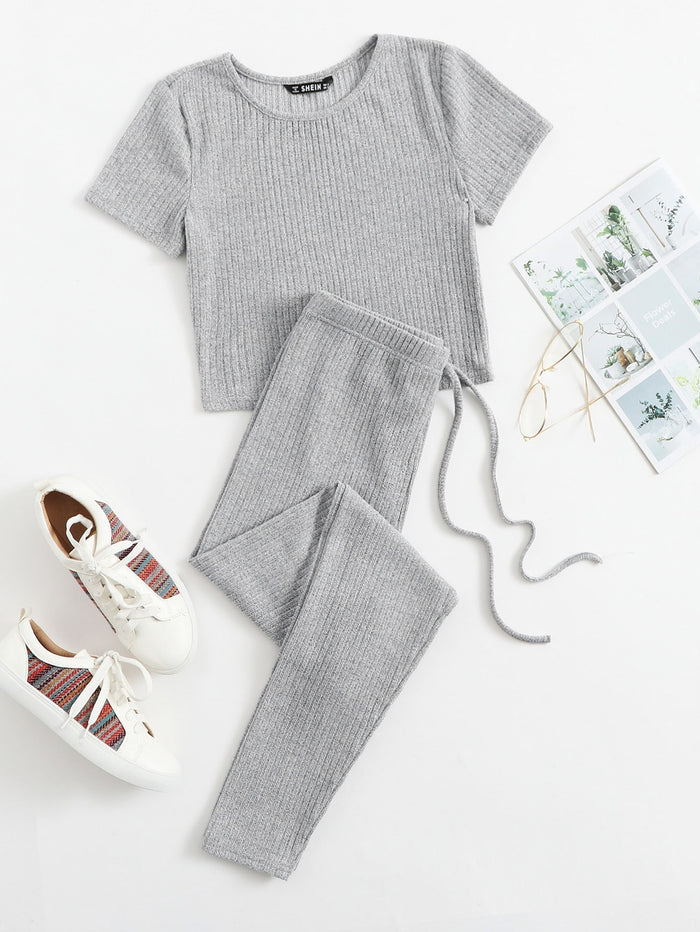 Solid Rib-knit Tee & Tie Waist Pants Set Light Grey
