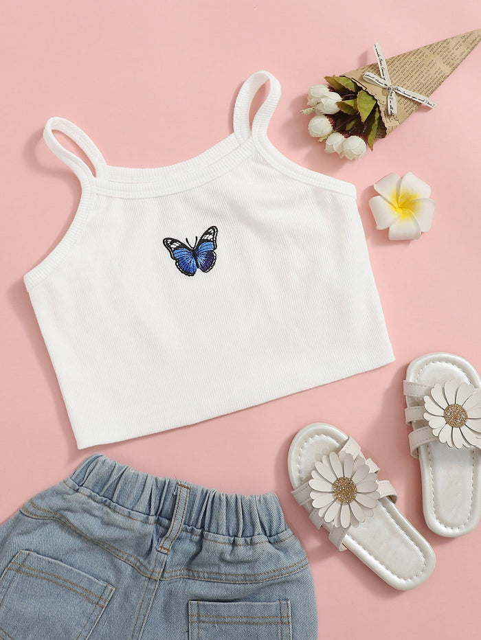 Girls Butterfly Embroidery Rib-knit Cropped Cami Top White