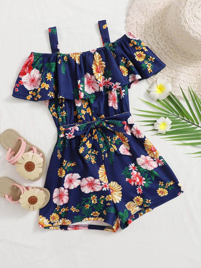 Girls Foldover Cold Shoulder Self Belted Floral Romper