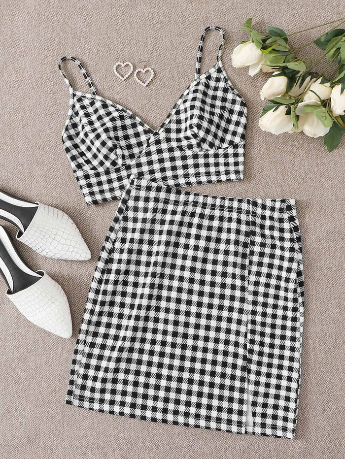 Gingham Bustier Crop Cami Top & Split Hem Skirt Set