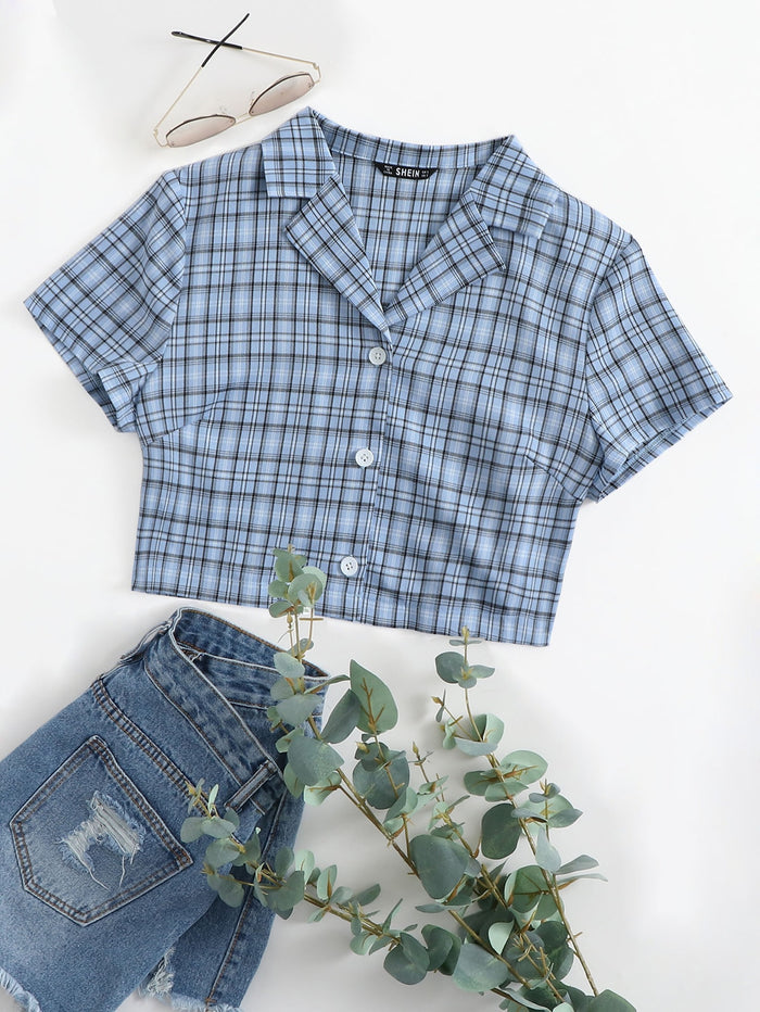 Notch Collar Tartan Crop Blouse Dusty Blue