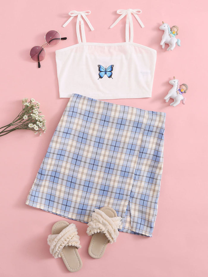 Girls Knot Straps Butterfly Print Cami Top & Split Hem Skirt Set