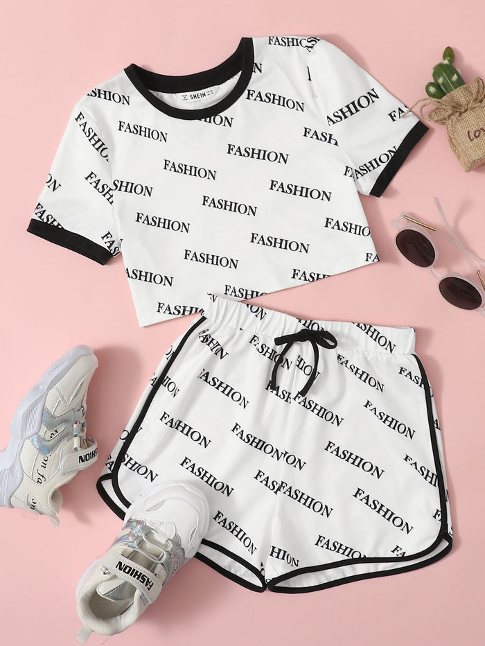 Girls Letter Print Ringer Tee & Dolphin Shorts Set White