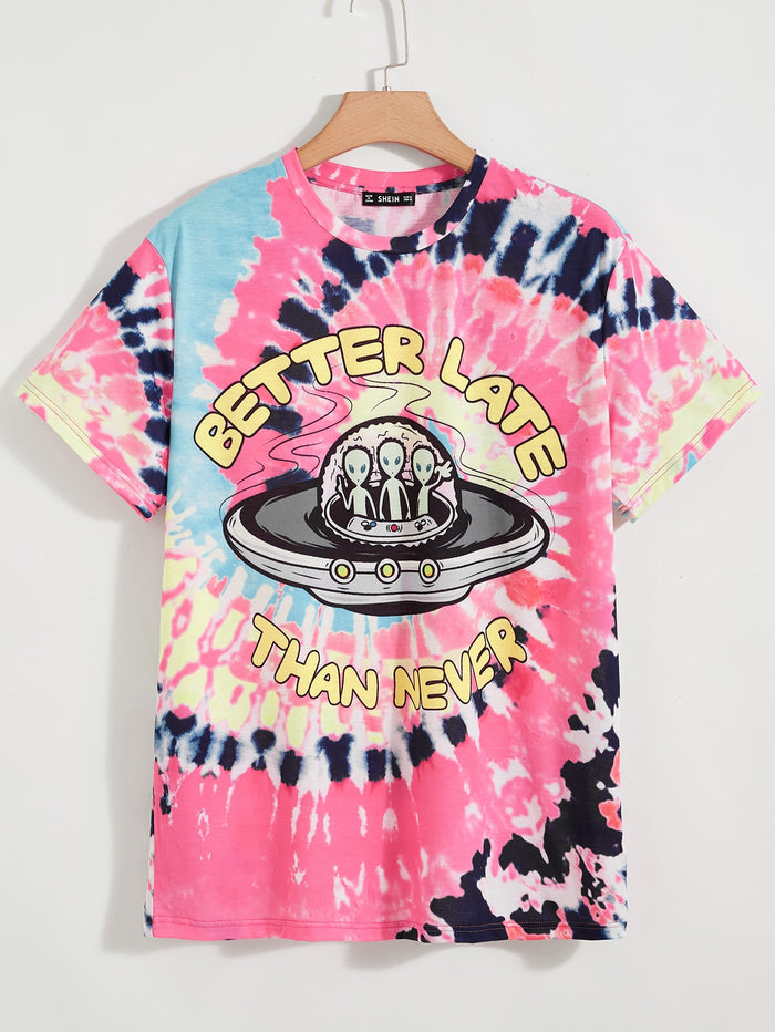 Men Alien Print Tie Dye Tee