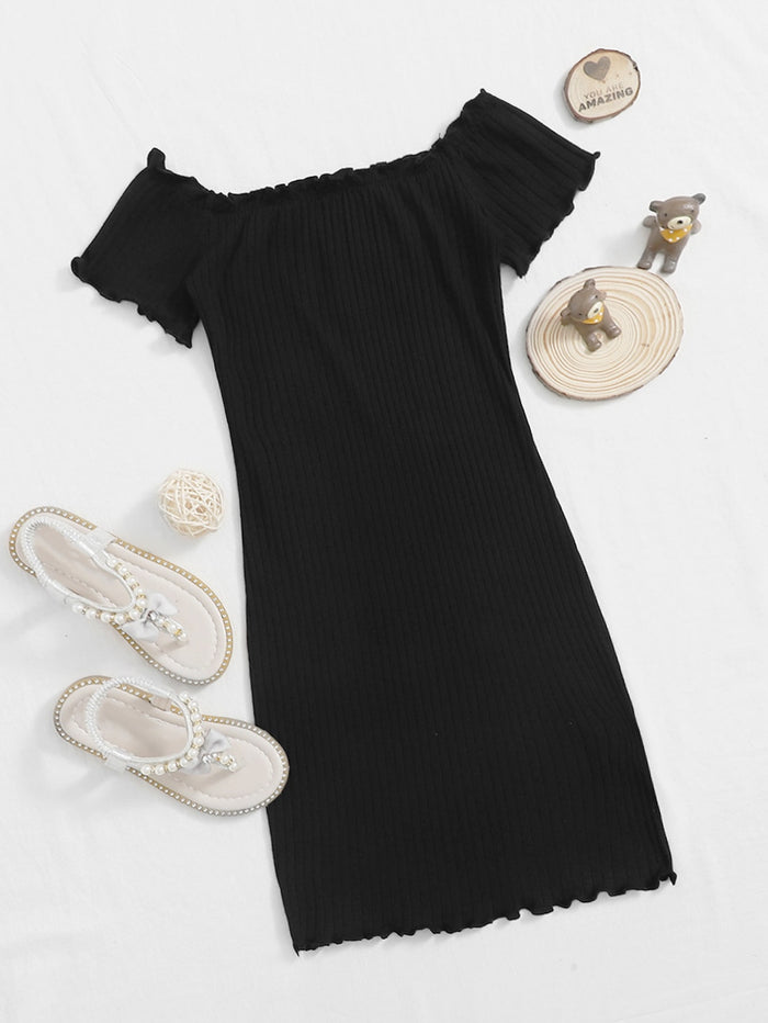 Girls Ribbed Lettuce-Edge Dress Black
