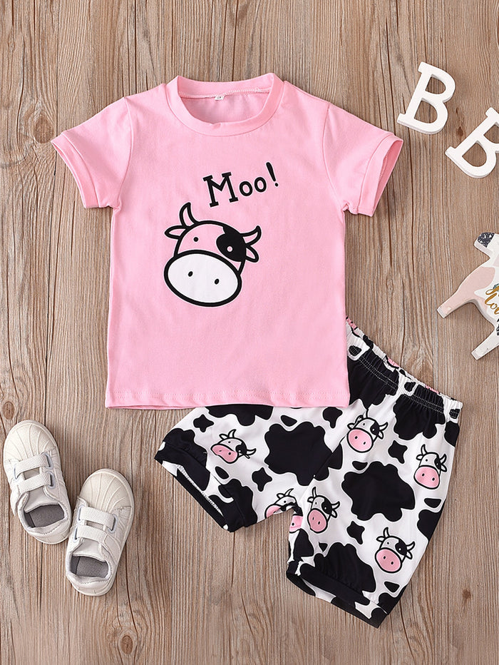 Toddler Girls Cow Print Tee & Shorts Set