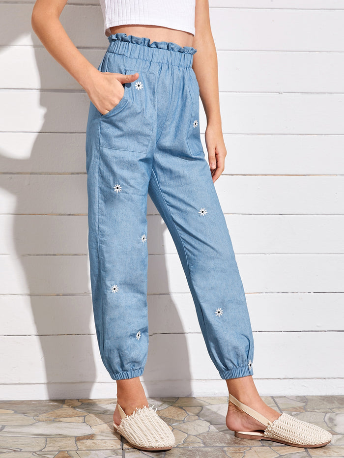 Girls Embroidered Daisy Print Denim Joggers Blue