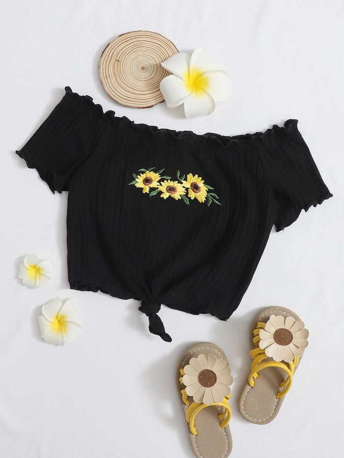 Girls Sunflower Embroidered Tie Hem Bardot Top