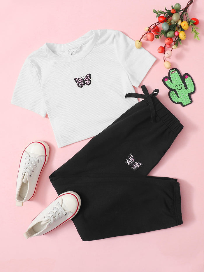 Girls Butterfly Embroidered Top and Tie Front Joggers Set