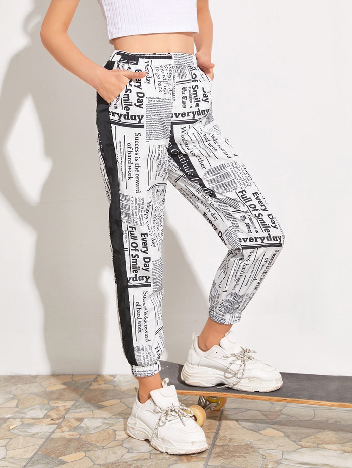 Girls Striped Side Newspaper Print Windbreaker Pants