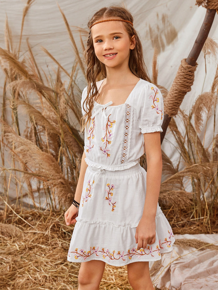 Girls Guipure Lace Insert Floral Embroidered Top and Skirt Set