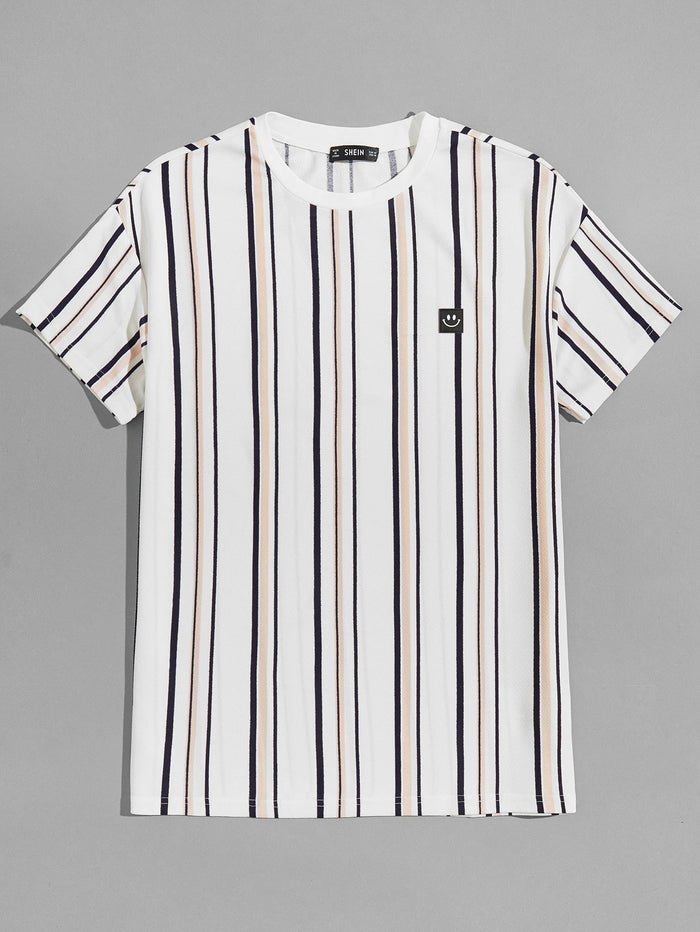 Men Cartoon Patched Striped Tee White