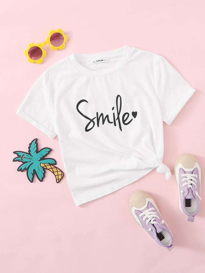 Girls Letter and Heart Print Rolled Up Sleeve Tee White