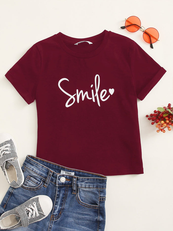 Girls Letter and Heart Print Rolled Up Sleeve Tee Maroon