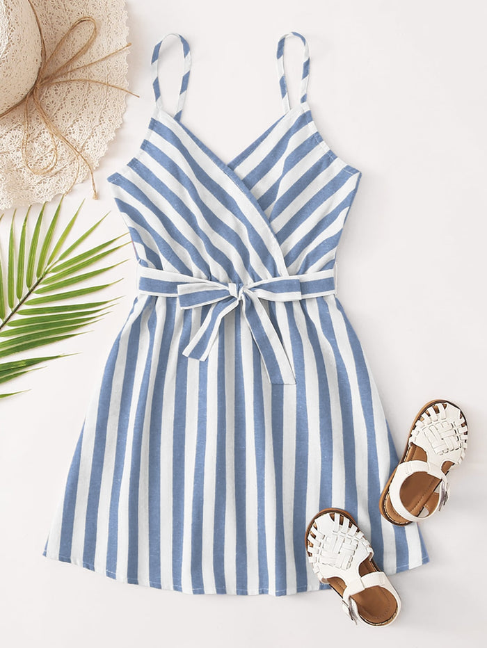 Girls Surplice Neck Self Belted Two Tone Striped Cami Dress Blue and White