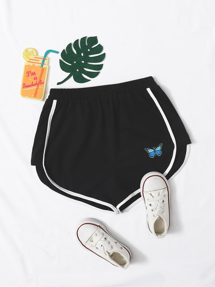 Girls Butterfly Print Contrast Binding Shorts Black