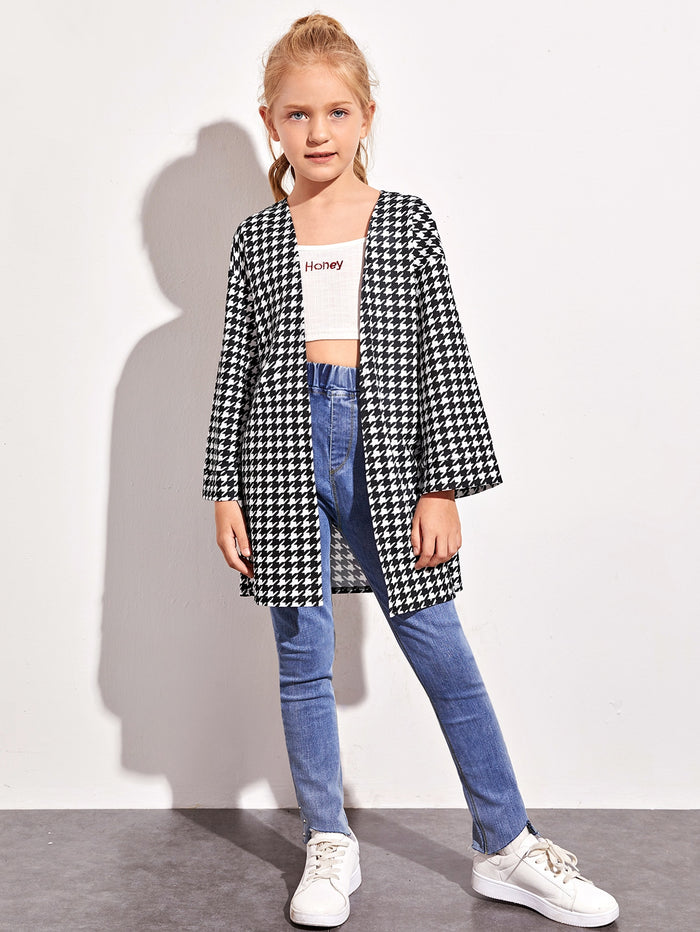 Girls Drop Shoulder Open Front Houndstooth Coat