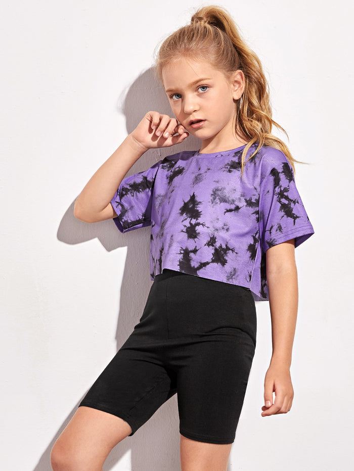 Girls Drop Shoulder Tie Dye Tee & Biker Shorts Set