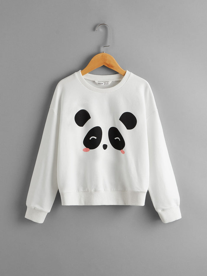 Girls Panda Print Drop Shoulder Pullover